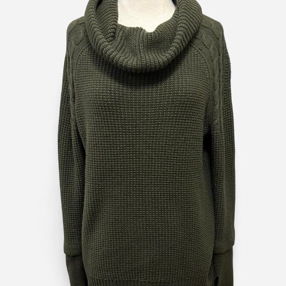 Market & Sprice Olive Green Cowl Neck Turtle Neck Knit Waffle Sweater Size Small - Picture 3 of 6